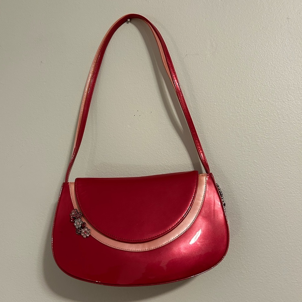 Stuart Weitzman two toned pink patent leather shoulder bag. Rhinestone detail.